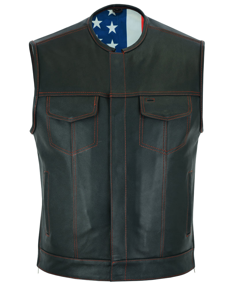 DS155 Men's Leather Vest with Red Stitching and USA Inside Flag Lining-Daniel Smart Mfg - Retail