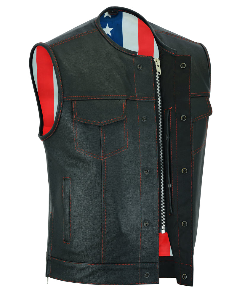 DS155 Men's Leather Vest with Red Stitching and USA Inside Flag Lining-Daniel Smart Mfg - Retail