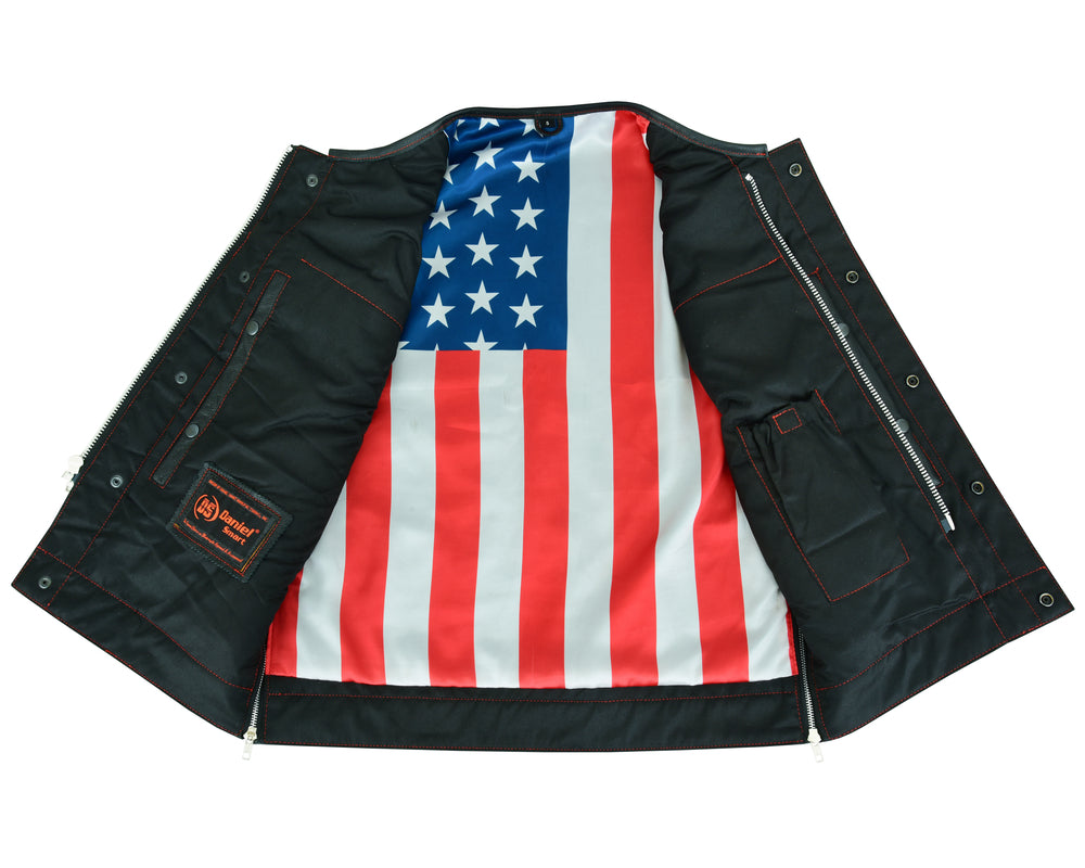 DS155 Men's Leather Vest with Red Stitching and USA Inside Flag Lining-Daniel Smart Mfg - Retail