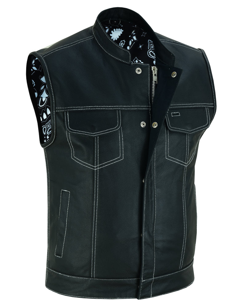 DS164 Men's Paisley Black Leather Motorcycle Vest with White Stitching-Daniel Smart Mfg - Retail