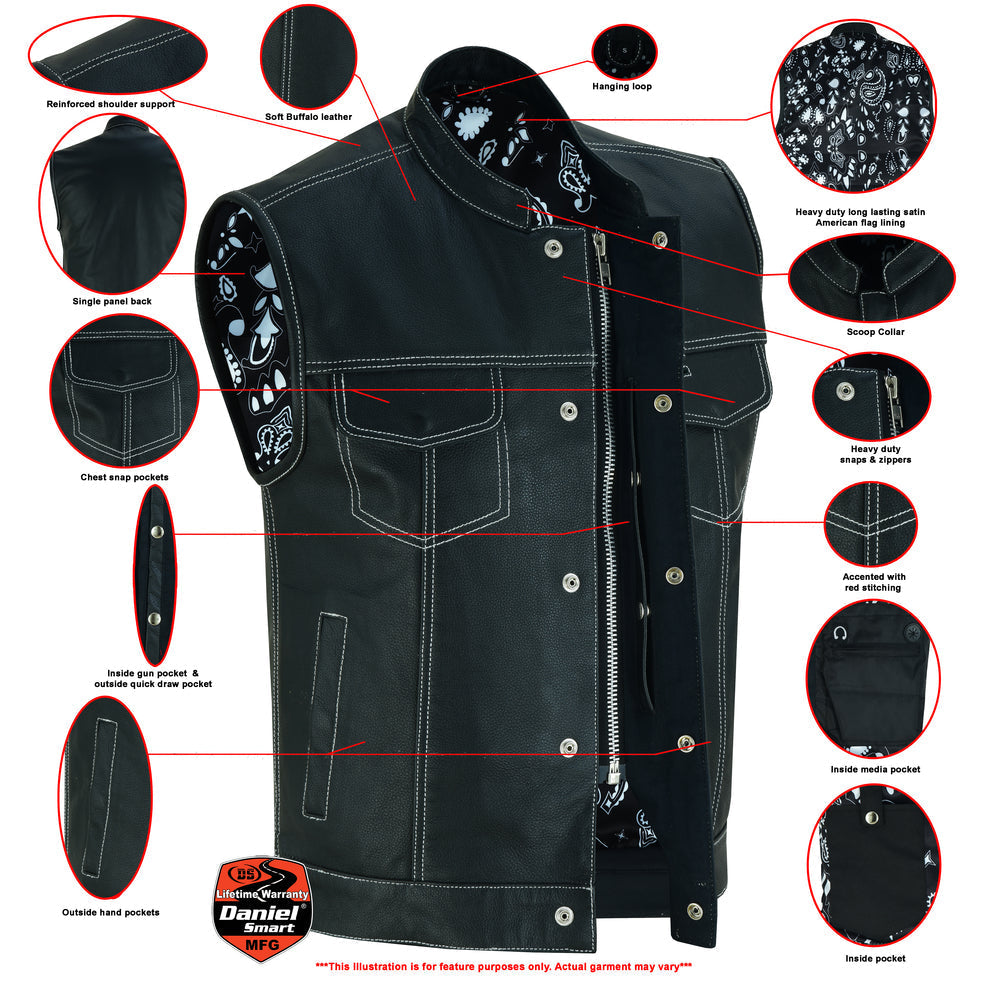 DS164 Men's Paisley Black Leather Motorcycle Vest with White Stitching-Daniel Smart Mfg - Retail