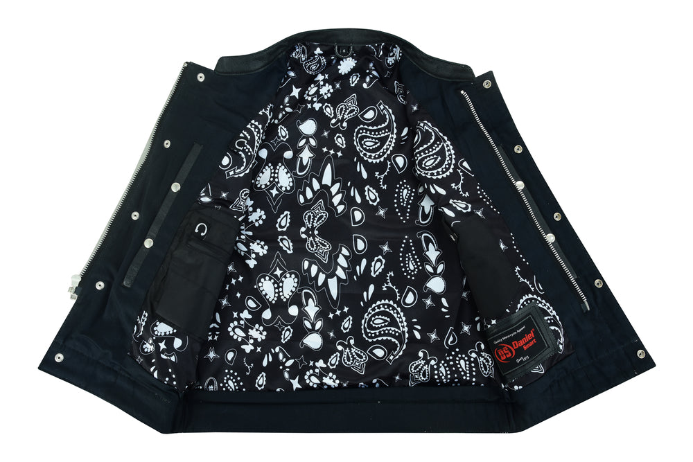 DS164 Men's Paisley Black Leather Motorcycle Vest with White Stitching-Daniel Smart Mfg - Retail