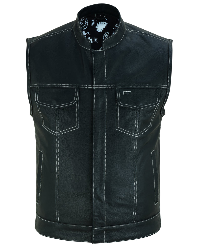 DS164 Men's Paisley Black Leather Motorcycle Vest with White Stitching-Daniel Smart Mfg - Retail