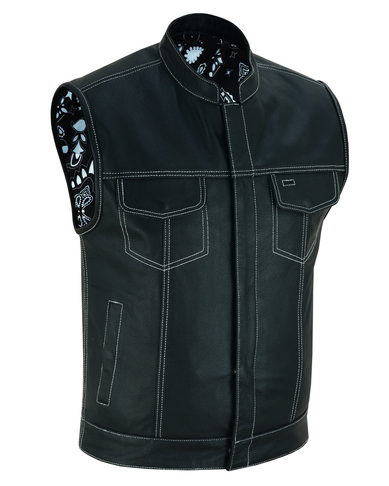 DS164 Men's Paisley Black Leather Motorcycle Vest with White Stitching-Daniel Smart Mfg - Retail