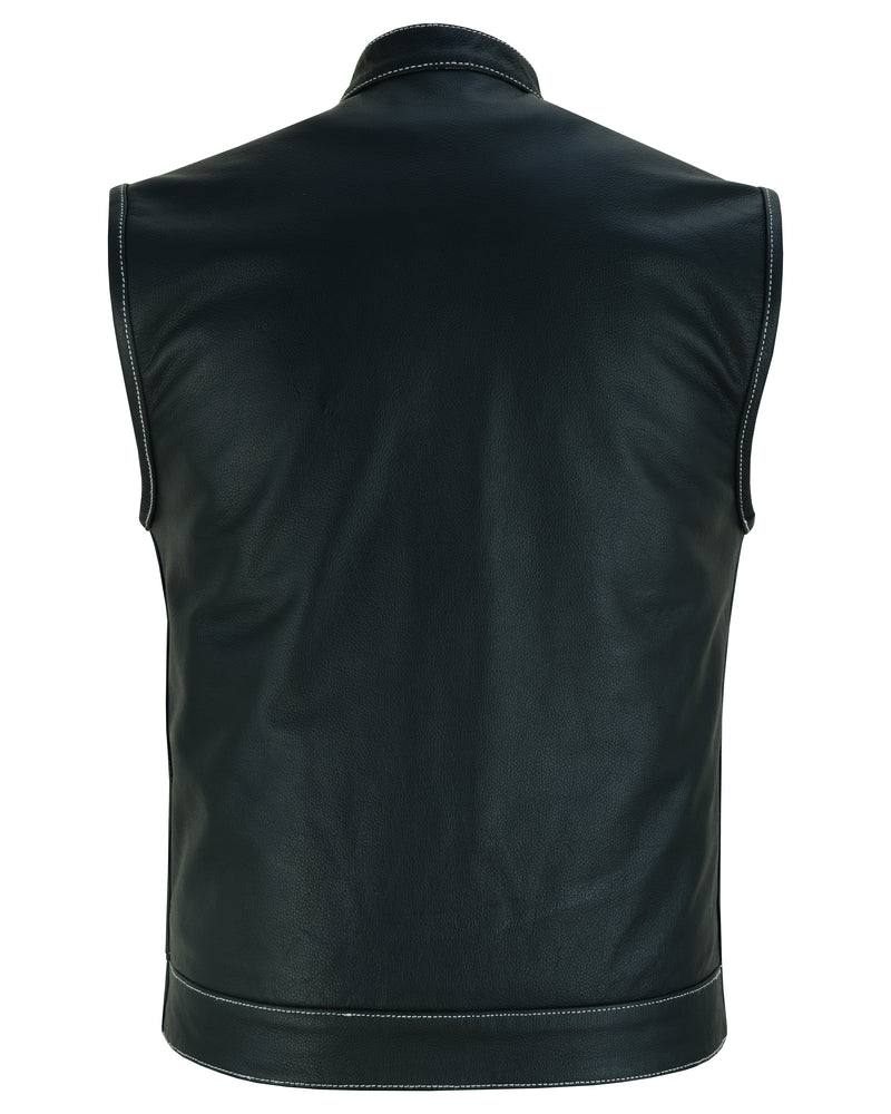 DS164 Men's Paisley Black Leather Motorcycle Vest with White Stitching-Daniel Smart Mfg - Retail