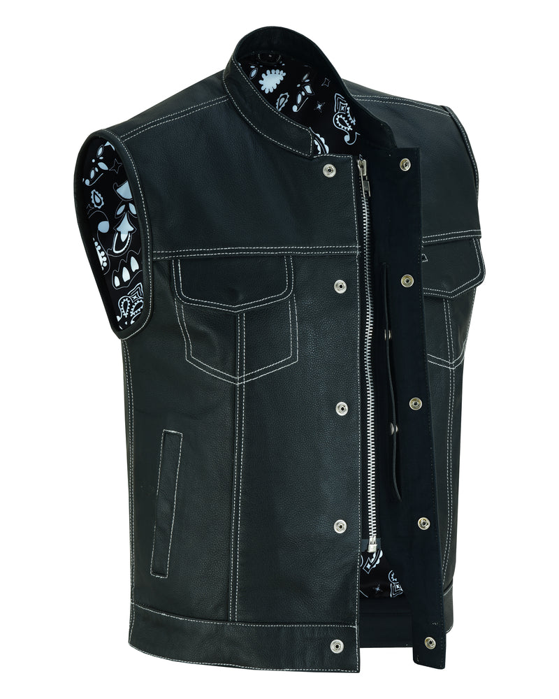 DS164 Men's Paisley Black Leather Motorcycle Vest with White Stitching-Daniel Smart Mfg - Retail