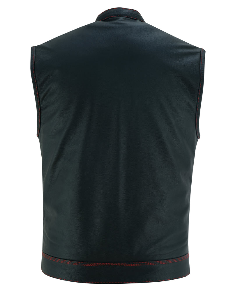 DS165 Men's LEATHER VEST WITH RED STITCHING AND USA INSIDE FLAG LININ-Daniel Smart Mfg - Retail