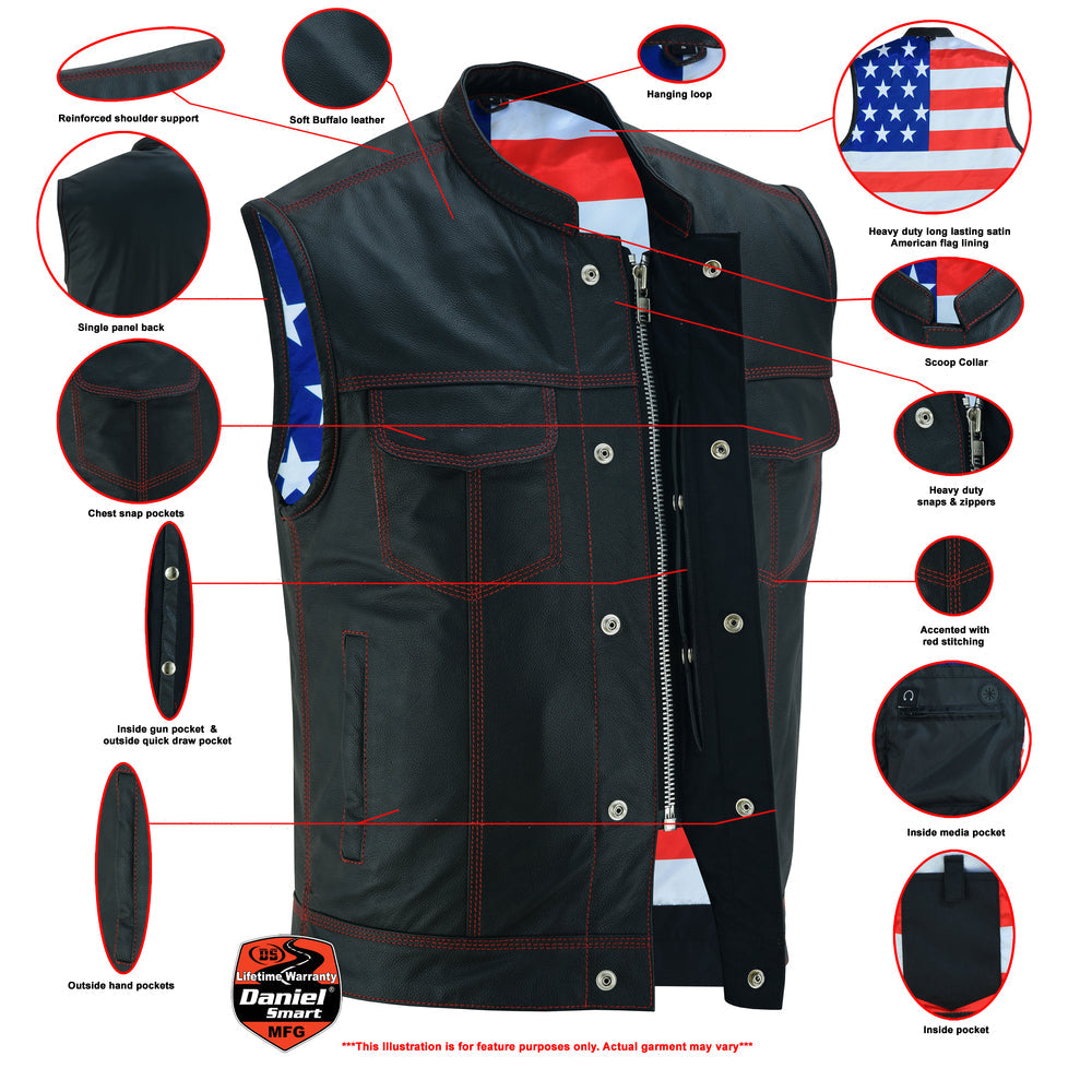 DS165 Men's LEATHER VEST WITH RED STITCHING AND USA INSIDE FLAG LININ-Daniel Smart Mfg - Retail