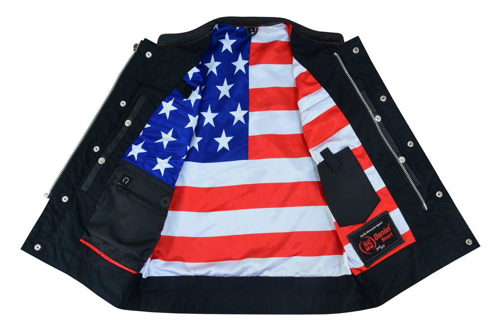 DS165 Men's LEATHER VEST WITH RED STITCHING AND USA INSIDE FLAG LININ-Daniel Smart Mfg - Retail