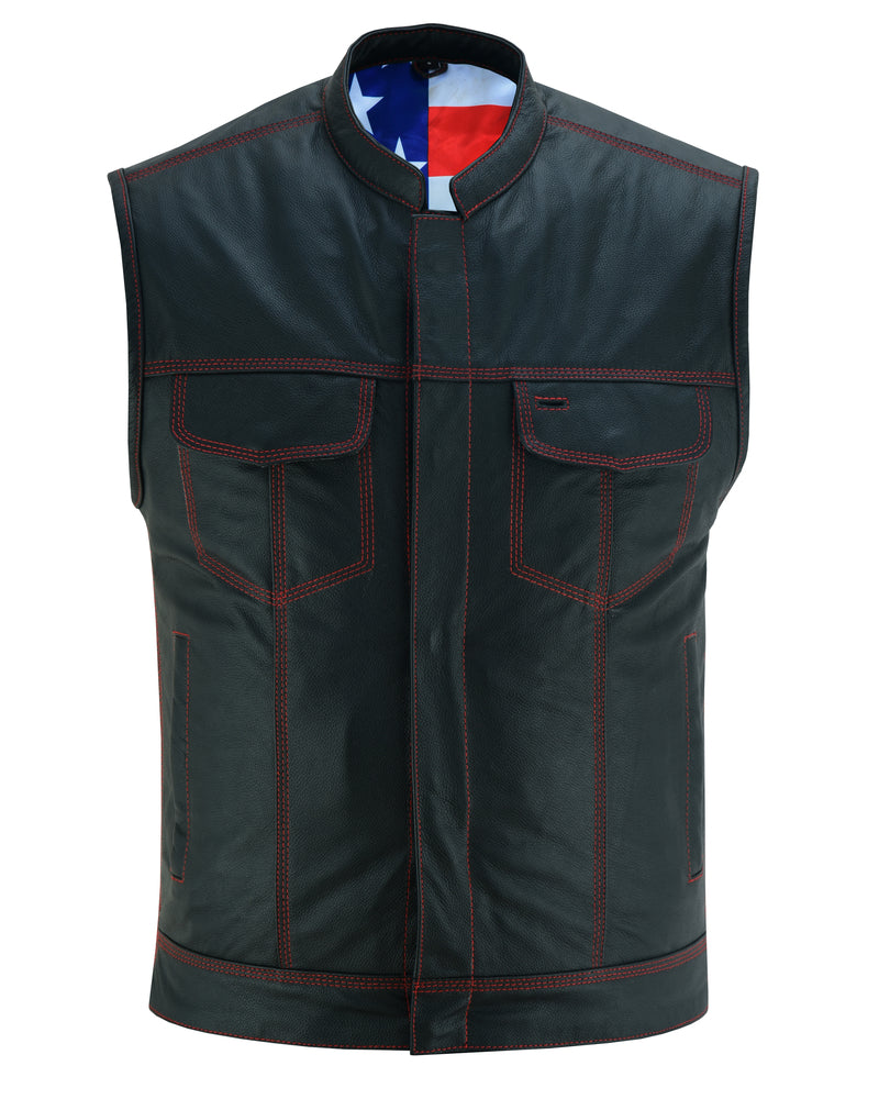 DS165 Men's LEATHER VEST WITH RED STITCHING AND USA INSIDE FLAG LININ-Daniel Smart Mfg - Retail