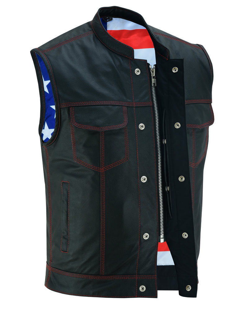 DS165 Men's LEATHER VEST WITH RED STITCHING AND USA INSIDE FLAG LININ-Daniel Smart Mfg - Retail