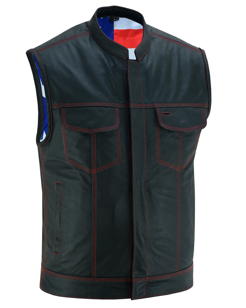 DS165 Men's LEATHER VEST WITH RED STITCHING AND USA INSIDE FLAG LININ-Daniel Smart Mfg - Retail