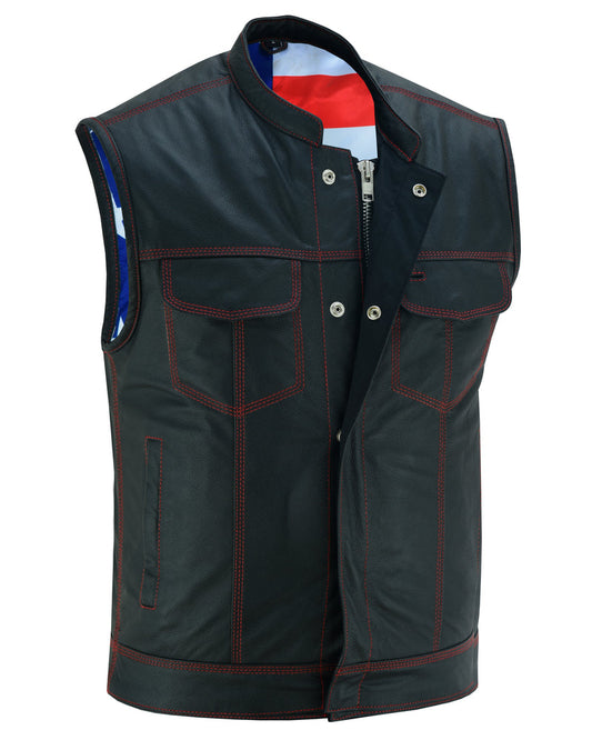 DS165 Men's LEATHER VEST WITH RED STITCHING AND USA INSIDE FLAG LININ-Daniel Smart Mfg - Retail