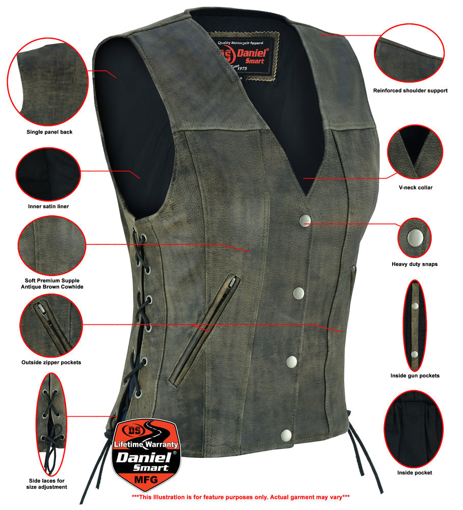 DS207 Women's Antique Brown Single Back Panel Concealed Carry Vest-Daniel Smart Mfg - Retail