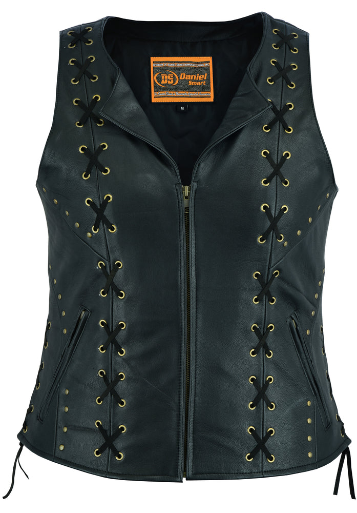 DS233 Women's Zippered Vest with Lacing Details-Daniel Smart Mfg - Retail