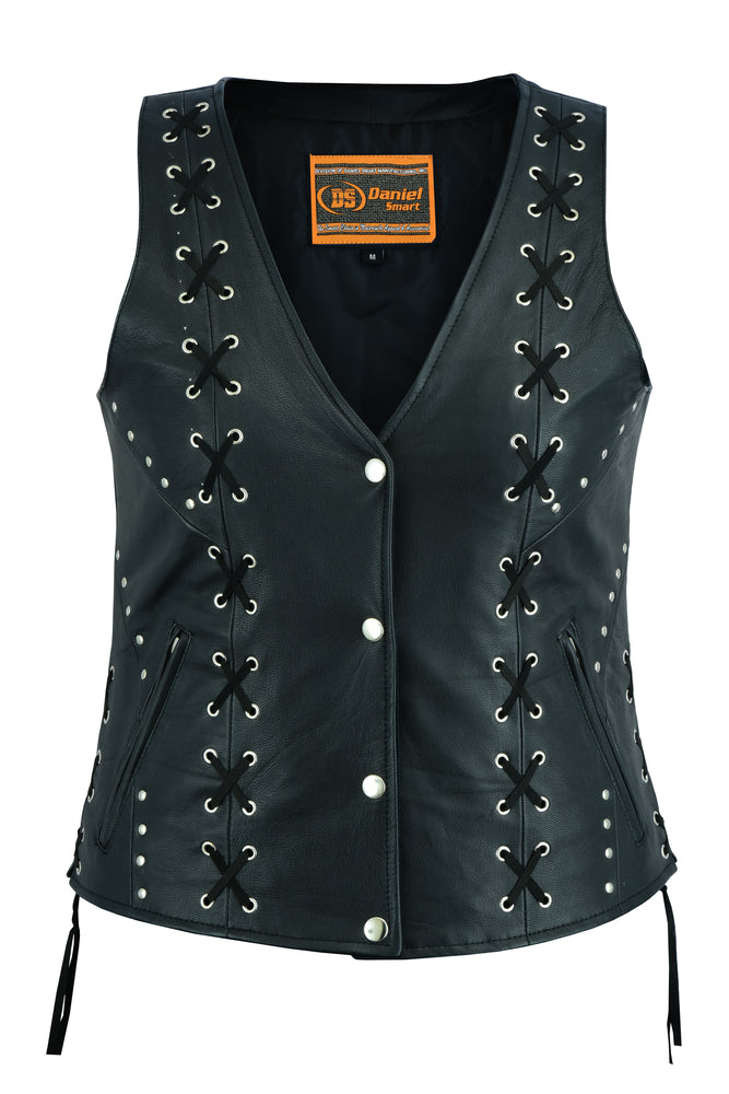 DS234 Women's Open neck Vest with Lacing Details-Daniel Smart Mfg - Retail