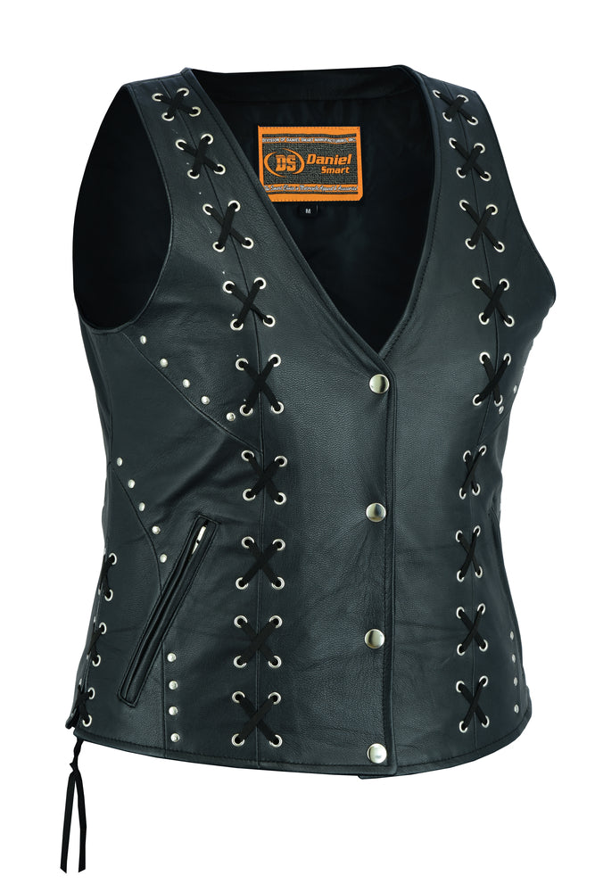 DS234 Women's Open neck Vest with Lacing Details-Daniel Smart Mfg - Retail