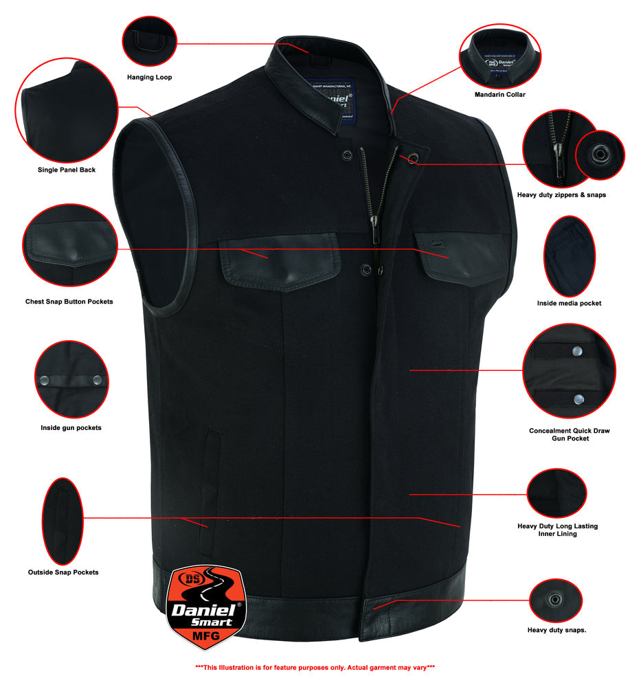 DS685 Canvas Material Single Back Panel Concealment Vest W/Leather Trimming-Daniel Smart Mfg - Retail