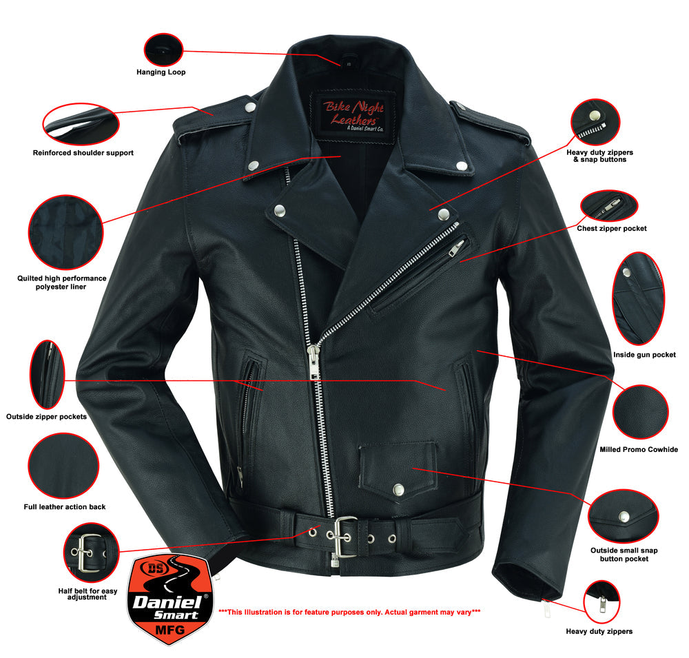 DS710 Economy Motorcycle Classic Biker Leather Jacket - Plain Sides-Daniel Smart Mfg - Retail