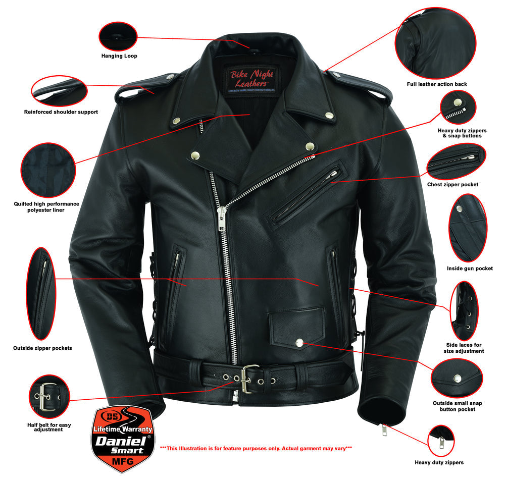 DS711 Economy Motorcycle Classic Biker Leather Jacket - Side Laces-Daniel Smart Mfg - Retail