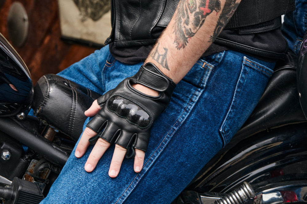 HUGGER Men's Fingerless Motorcycle Gloves – Gel Padded Palm, Unlined, Knit Wrist, Black Leather
