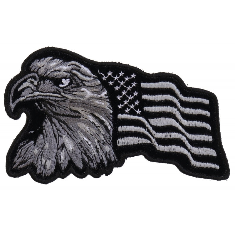 P3960 Eagle With Waving Flag Black Silver Patriotic Iron on Patch-Daniel Smart Mfg - Retail