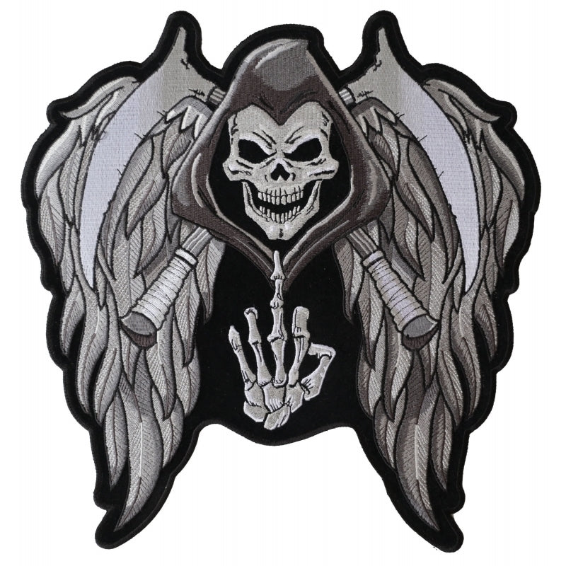 PL5144 Reaper Wings Scythe Middle Finger Embroidered Iron on Patch-Daniel Smart Mfg - Retail