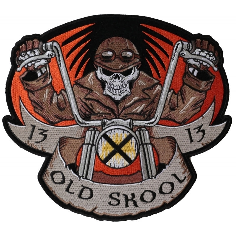 PL6037 Old Skool Motorcycle Skull Embroidered Iron on Biker Patch-Daniel Smart Mfg - Retail