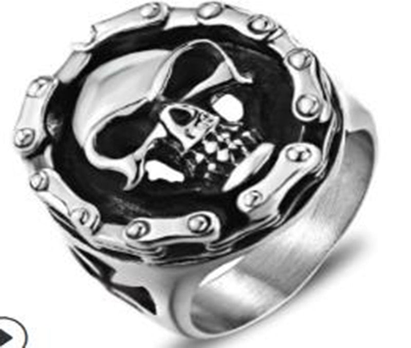 Close‑up of a stainless‑steel biker ring