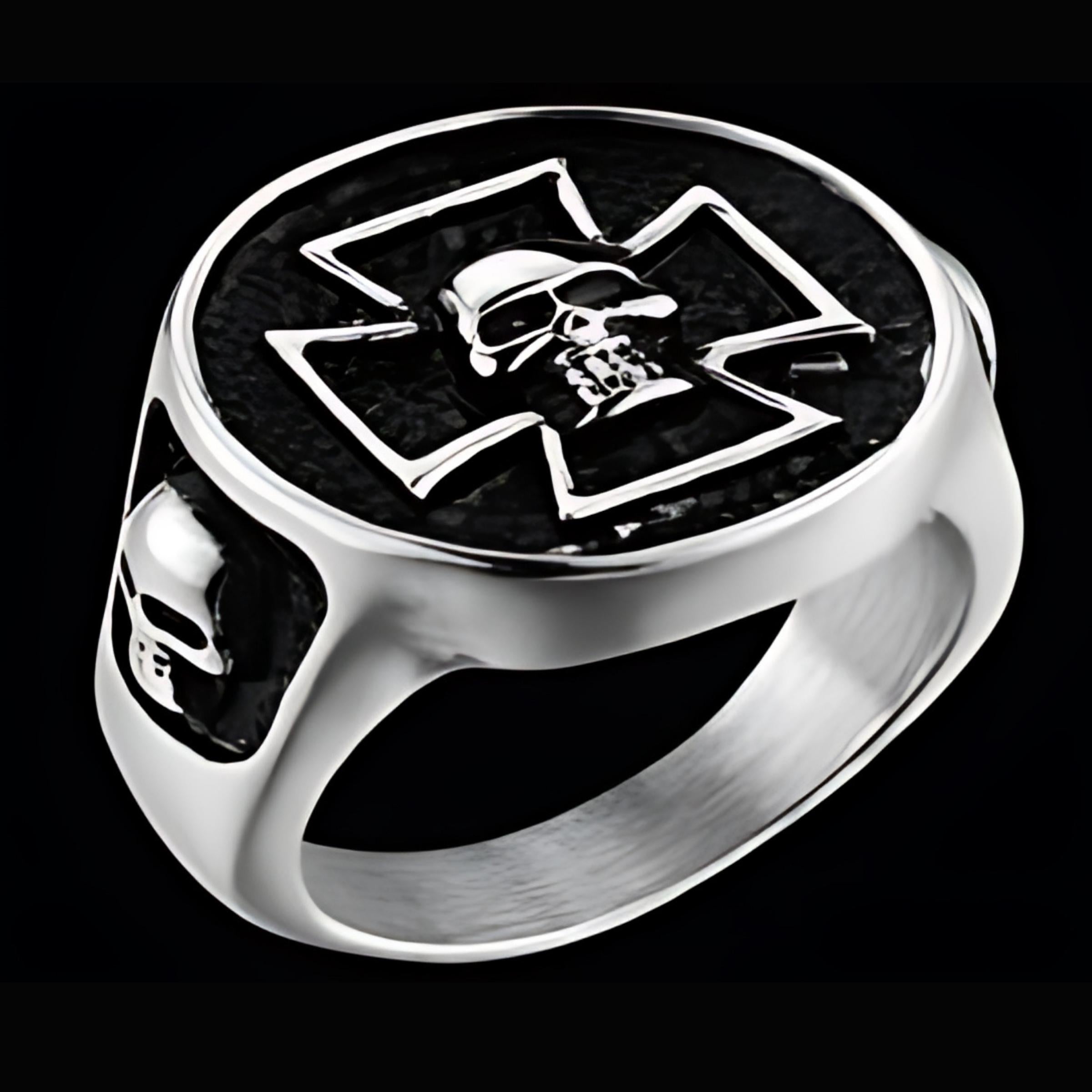 R121 Stainless Steel Iron Cross Skull Biker Ring-Rings-Daniel Smart Mfg - Retail