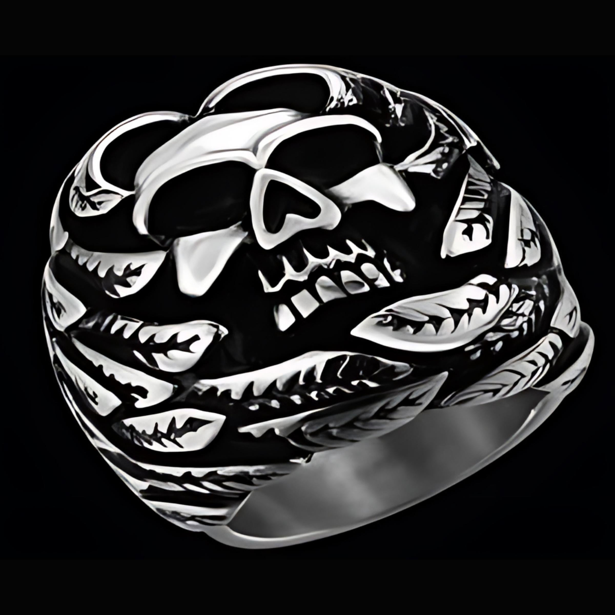R141 Stainless Steel Feather Face Skull Biker Ring-Rings-Daniel Smart Mfg - Retail
