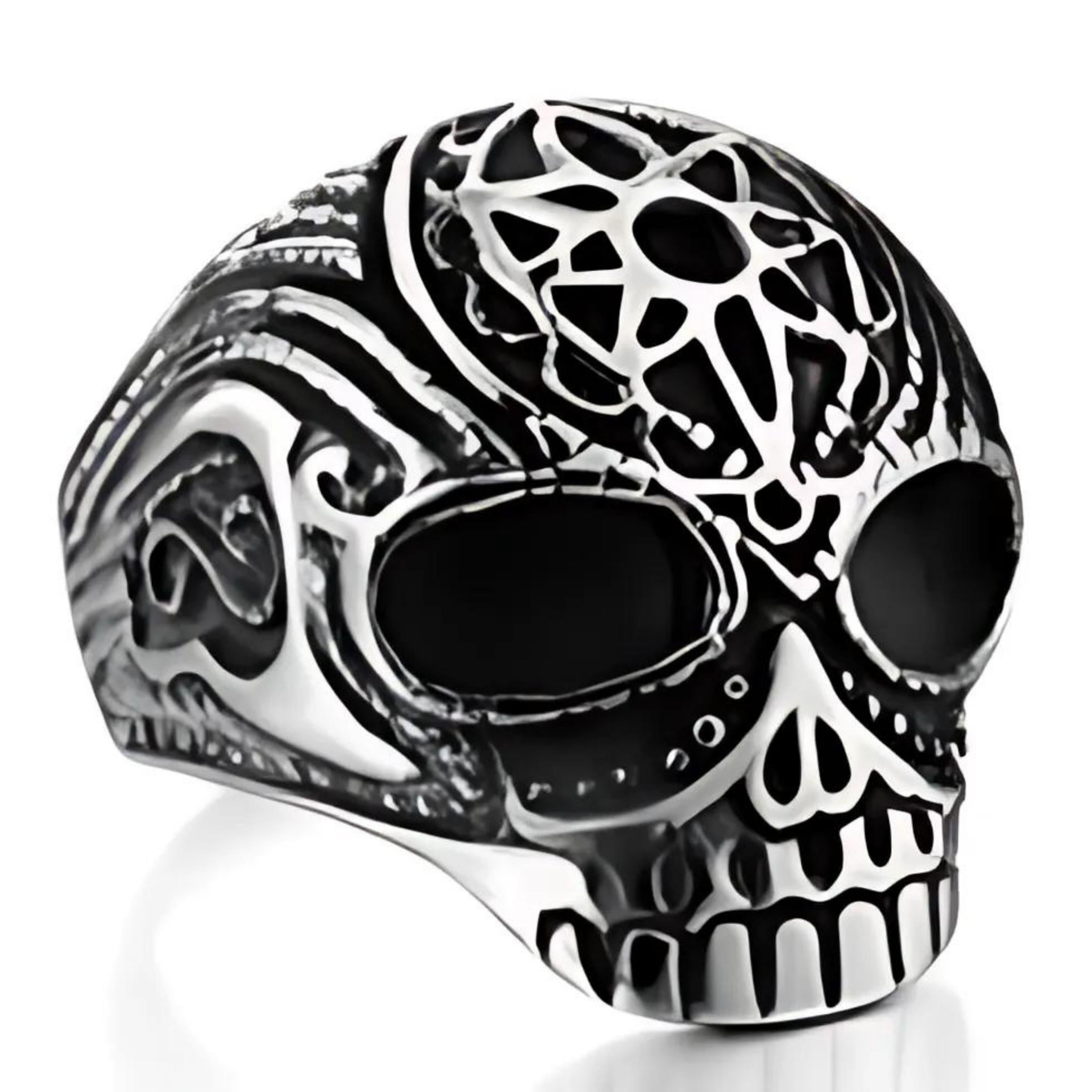 R186 Stainless Steel Flower Cane Skull Biker Ring-Rings-Daniel Smart Mfg - Retail