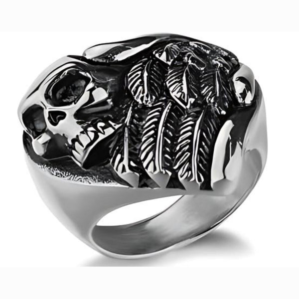 Stainless Steel Feather Wings Skull Biker Ring