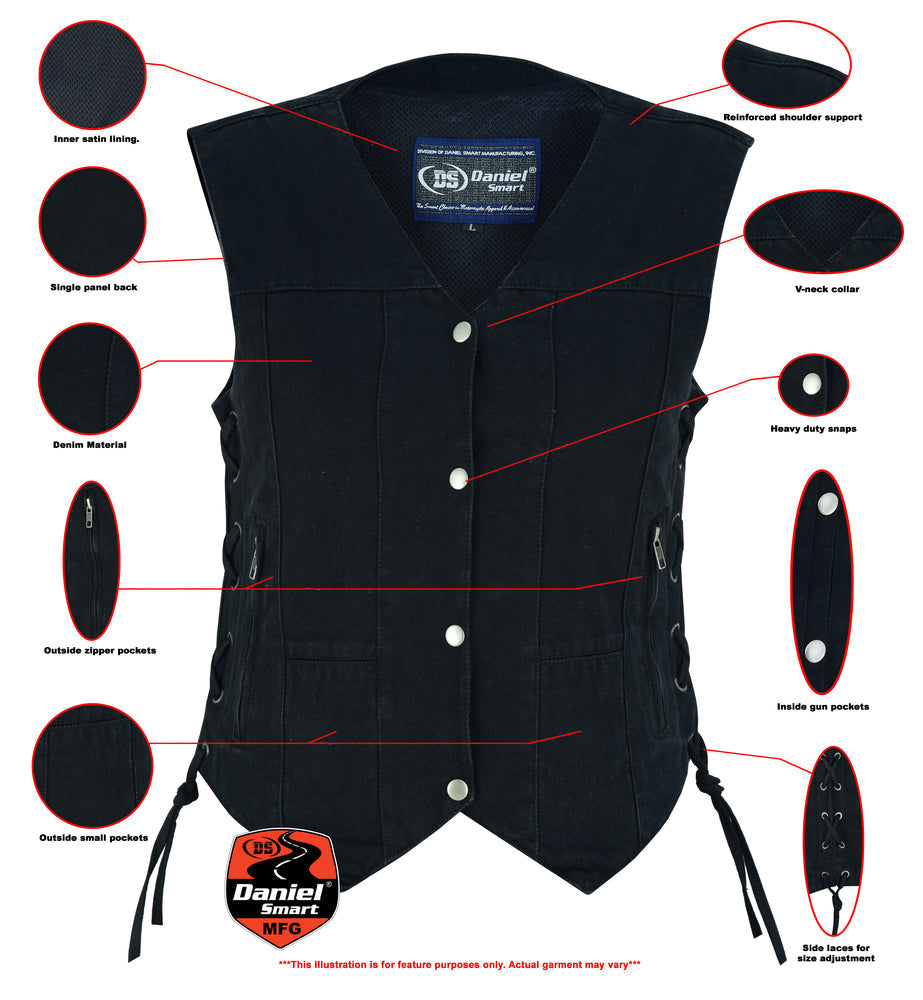 Women's 6 Pocket Denim Utility Vest - Black-Womens Denim Vests-Daniel Smart Mfg - Retail