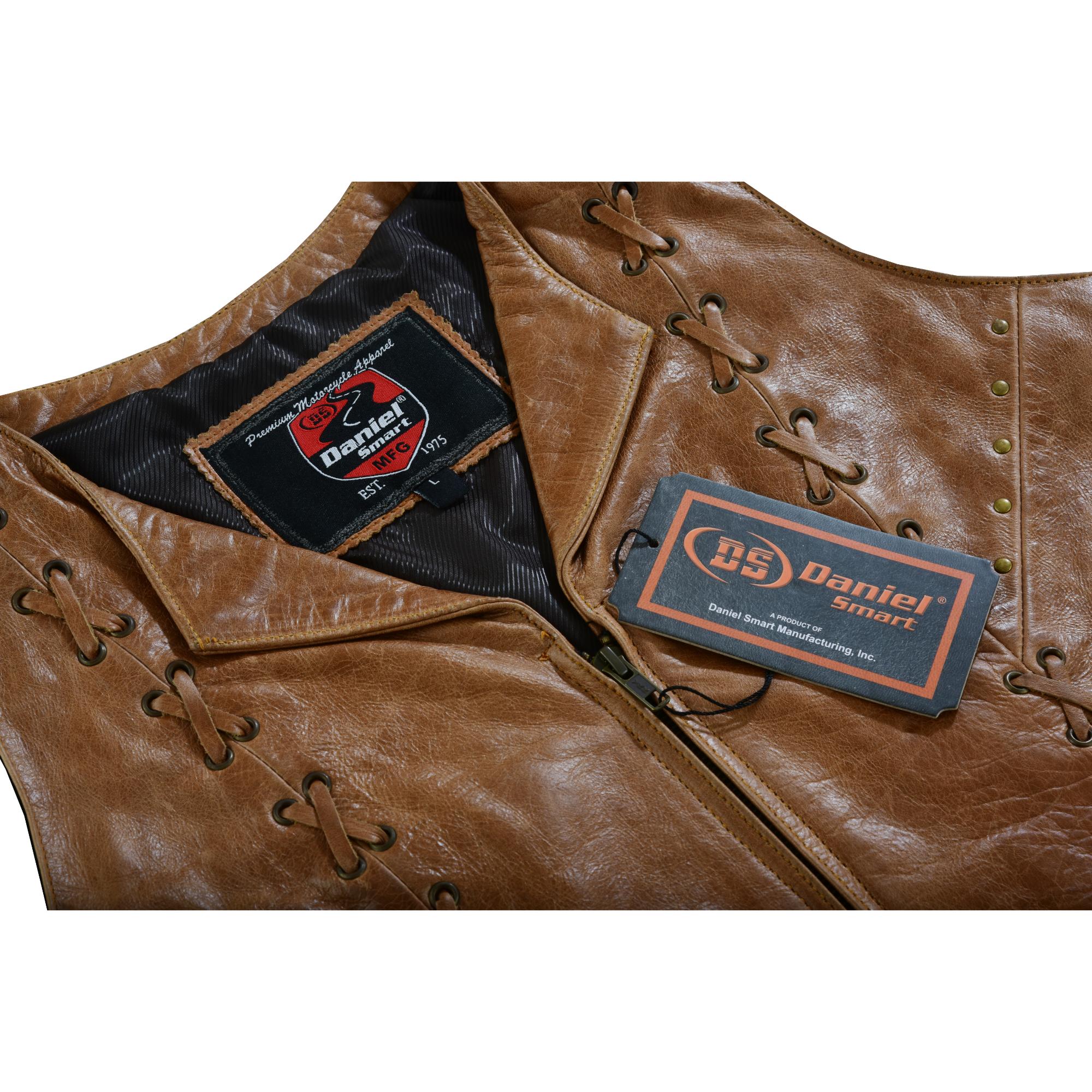 Women's Brown Zippered Leather Vest with Lacing Details-Womens Leather Vests-Daniel Smart Mfg - Retail