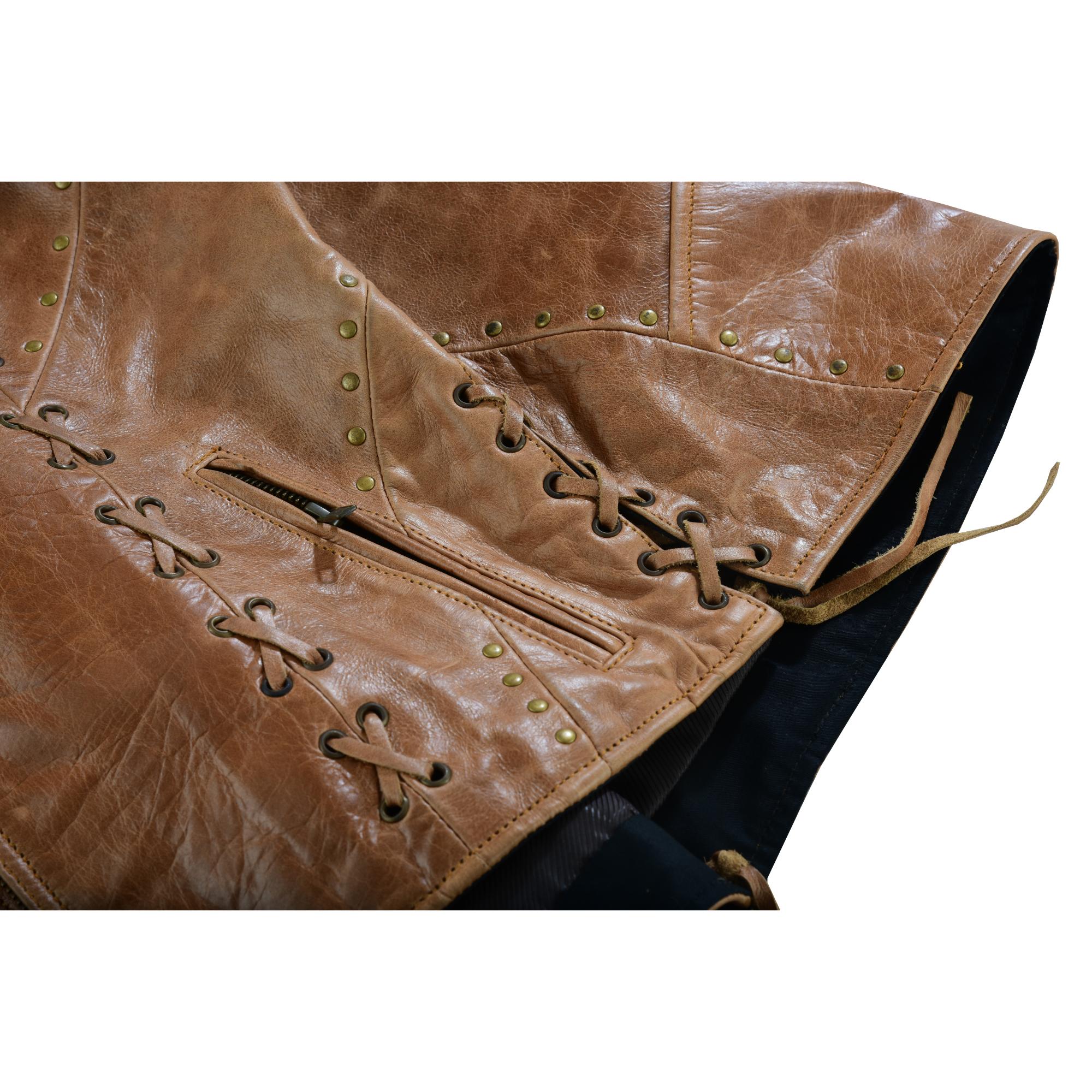Women's Brown Zippered Leather Vest with Lacing Details-Womens Leather Vests-Daniel Smart Mfg - Retail