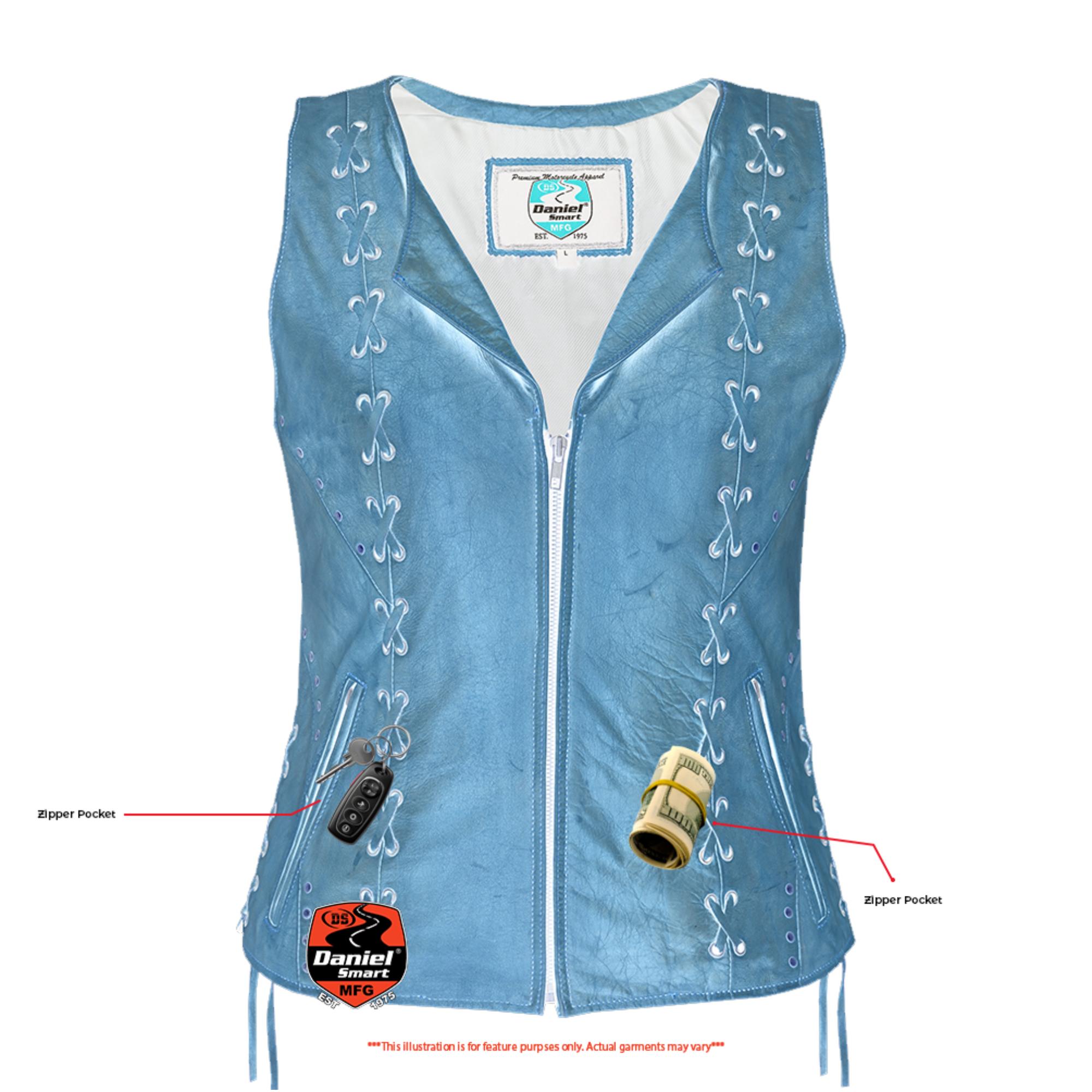 Women's Brown Zippered Leather Vest with Lacing Details-Womens Leather Vests-Daniel Smart Mfg - Retail