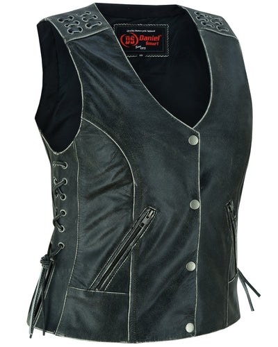 Women's Gray Leather Vest with Grommet and Lacing Accents-Womens Leather Vests-Daniel Smart Mfg - Retail