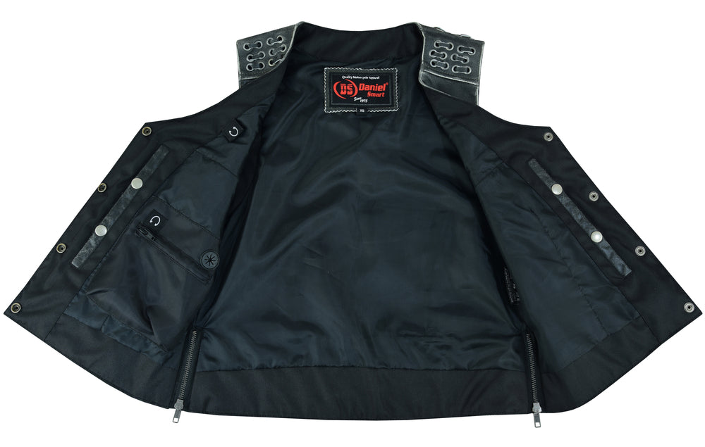 Women's Gray Leather Vest with Grommet and Lacing Accents-Womens Leather Vests-Daniel Smart Mfg - Retail