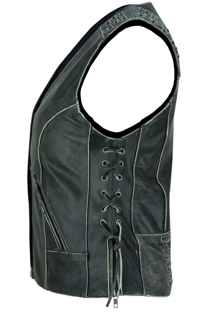 Women's Gray Leather Vest with Grommet and Lacing Accents-Womens Leather Vests-Daniel Smart Mfg - Retail