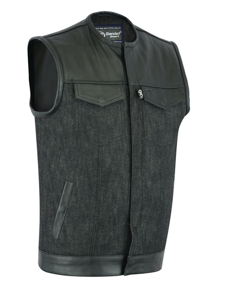 DM901   Mens Leather/Denim Combo Vest Without Collar | Men's Denim Vests