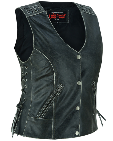 DS285V Womens Gray Vest with Grommet and Lacing Accents | Women's Leather Vests