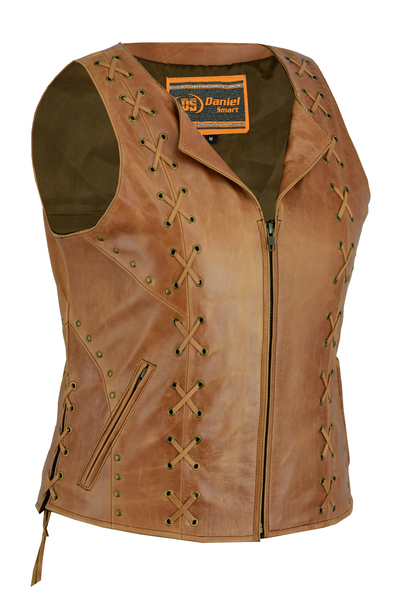 DS236 Womens Brown Zippered Vest with Lacing Details | Women's Leather Vests