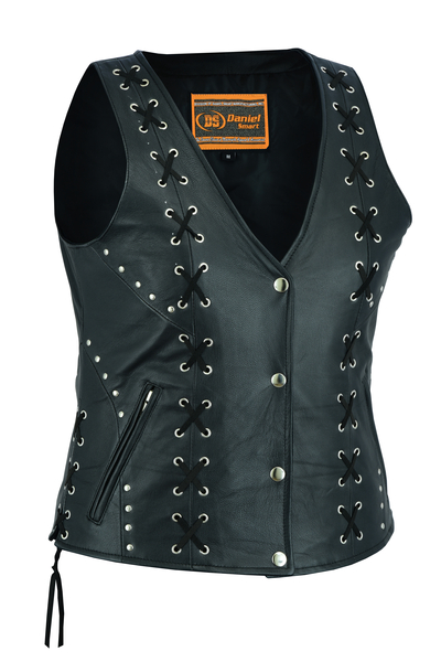 DS234 Womens Open neck Vest with Lacing Details | Women's Leather Vests