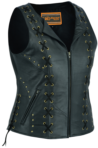 DS233 Womens Zippered Vest with Lacing Details | Women's Leather Vests
