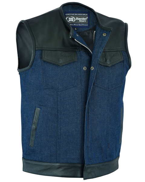 DM933 Mens Leather/Denim Combo Vest (Black/Broken Blue) | Men's Denim Vests