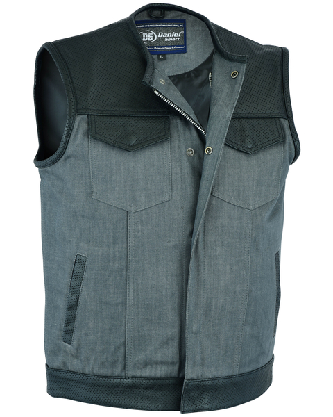 DM934 Mens Perforated Leather/Denim Combo Vest (Black/ Ash Gray) | Men's Denim Vests