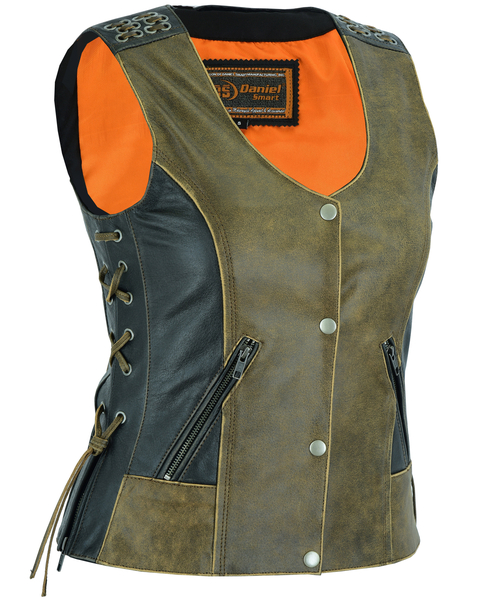 DS298 Womens Vest with Grommet and Lacing Accents  Two Tone | Women's Leather Vests