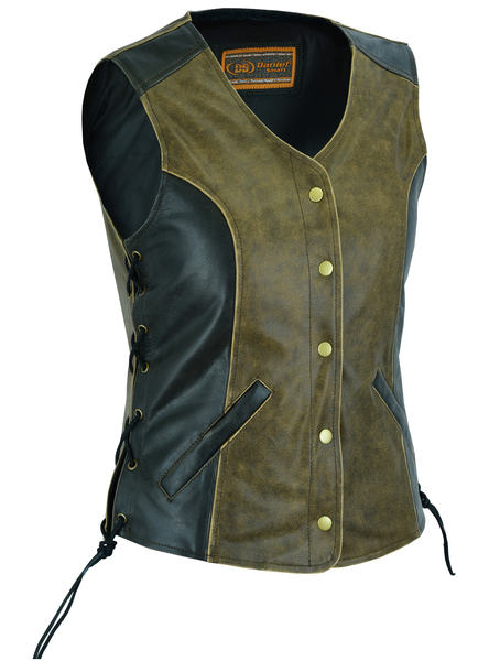 DS214  Womens Stylish Longer Body ¾ Vest  Side Laces  Two Tone | Women's Leather Vests