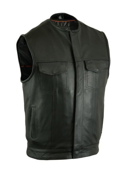 DS181A Concealed Snap Closure, Milled Cowhide, Without Collar & Hidden Zipper | Men's Leather Vests